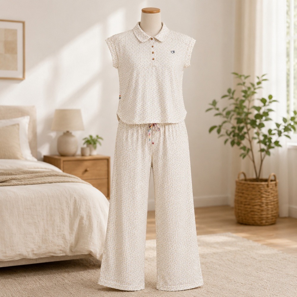 NWT Ocean Pacific Pajama Set Women XS White Floral Polo Top Wide Leg Pants 2pc